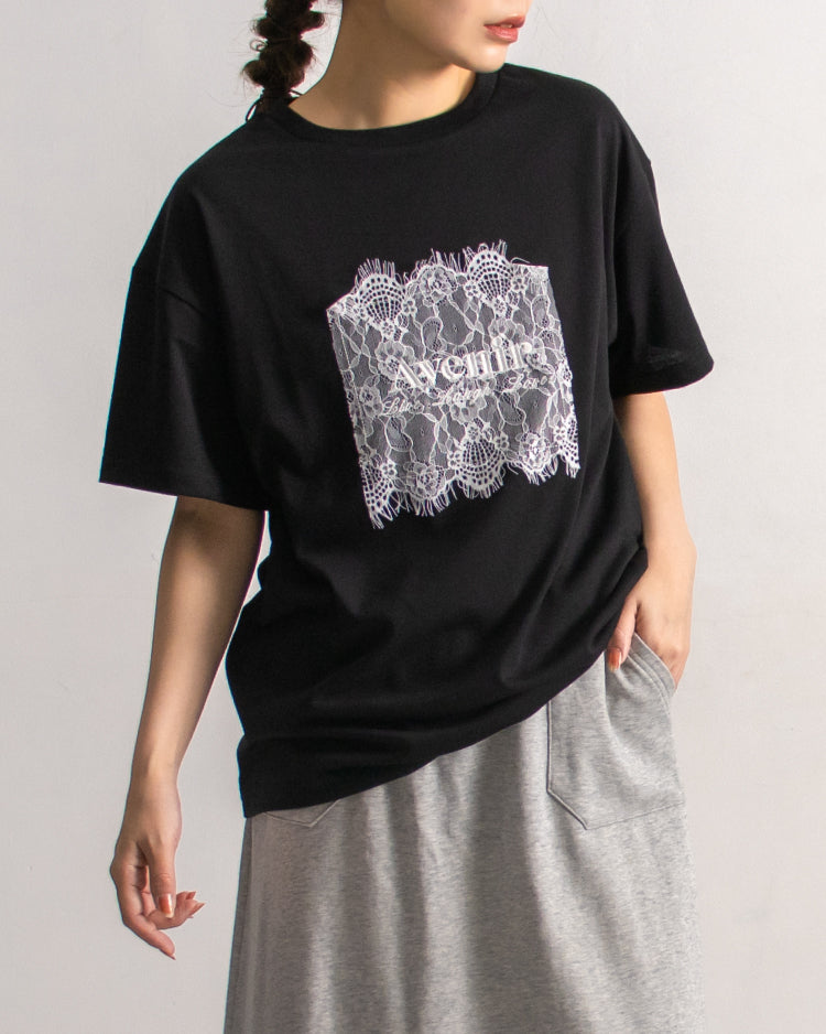 レース刷繋ロゴTシャツ レディース|接触冷感 半袖 オーバーサイズ 綿混 手洗い可 春夏 大人カジュアル