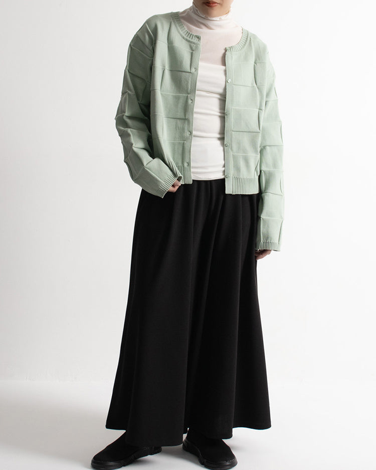 【kirumon-marché】立体ガーター編みニットカーデ｜ブラック ブロック柄 春カーディガン