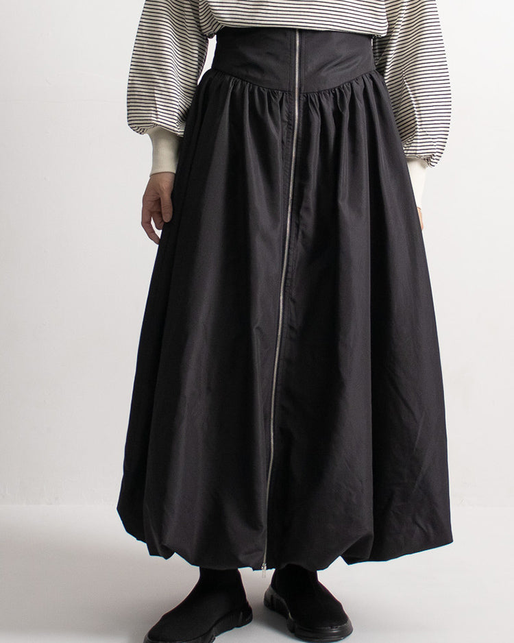 バルーンスカート レディース｜フロントジップ スモッキングウエスト マキシ丈 大人モード