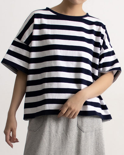 ボーダーTシャツ レディース｜クルーネック ワイド半袖 クロップド 綿100% 大人カジュアル
