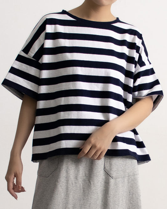 ボーダーTシャツ レディース｜クルーネック ワイド半袖 クロップド 綿100% 大人カジュアル