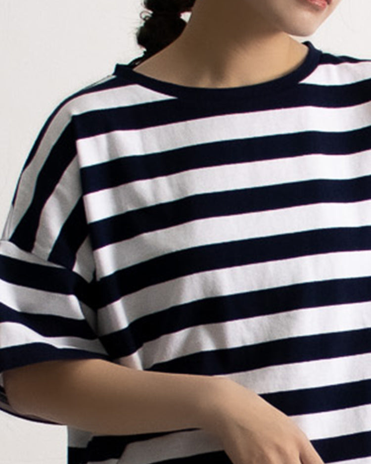 ボーダーTシャツ レディース｜クルーネック ワイド半袖 クロップド 綿100% 大人カジュアル