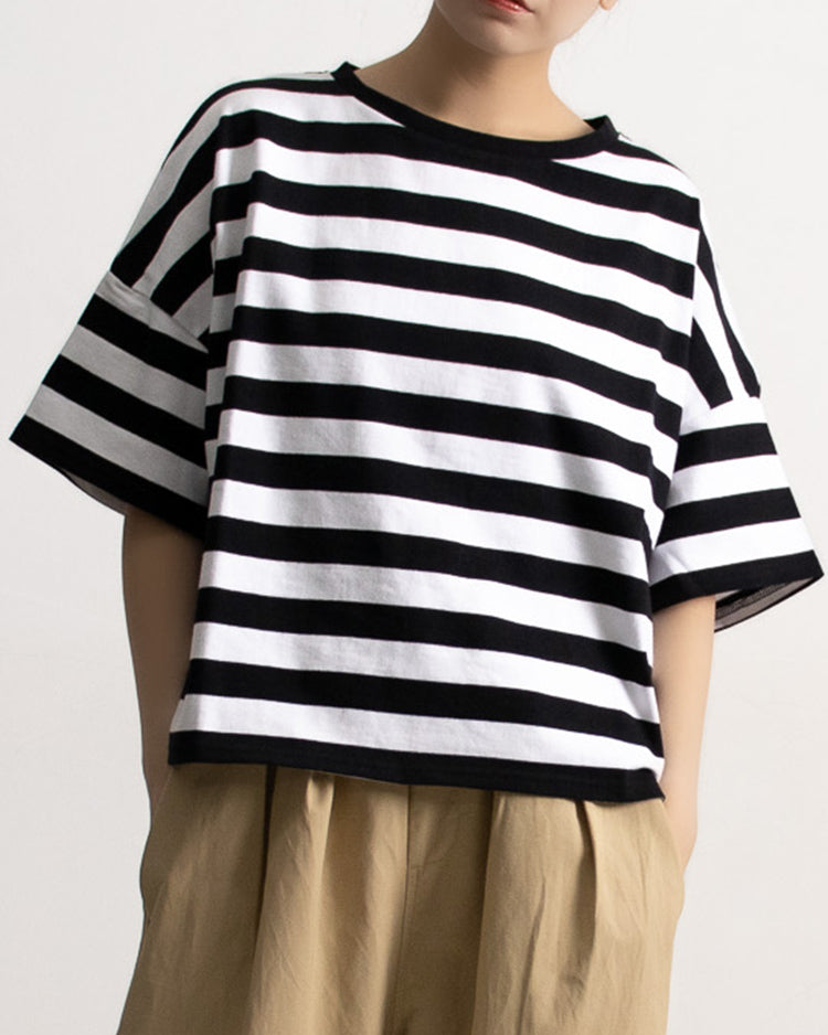 ボーダーTシャツ レディース｜クルーネック ワイド半袖 クロップド 綿100% 大人カジュアル