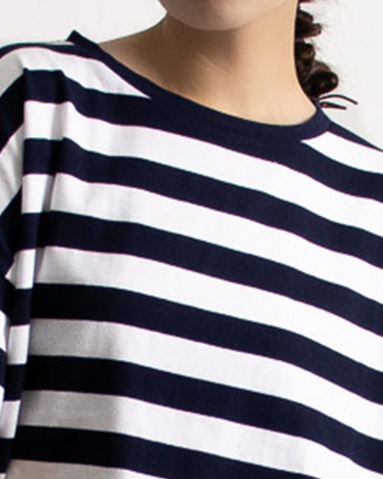 ボーダーTシャツ レディース｜クルーネック ワイド半袖 クロップド 綿100% 大人カジュアル