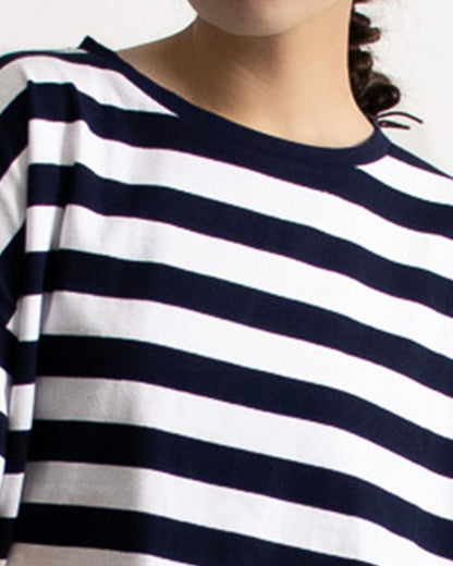ボーダーTシャツ レディース｜クルーネック ワイド半袖 クロップド 綿100% 大人カジュアル