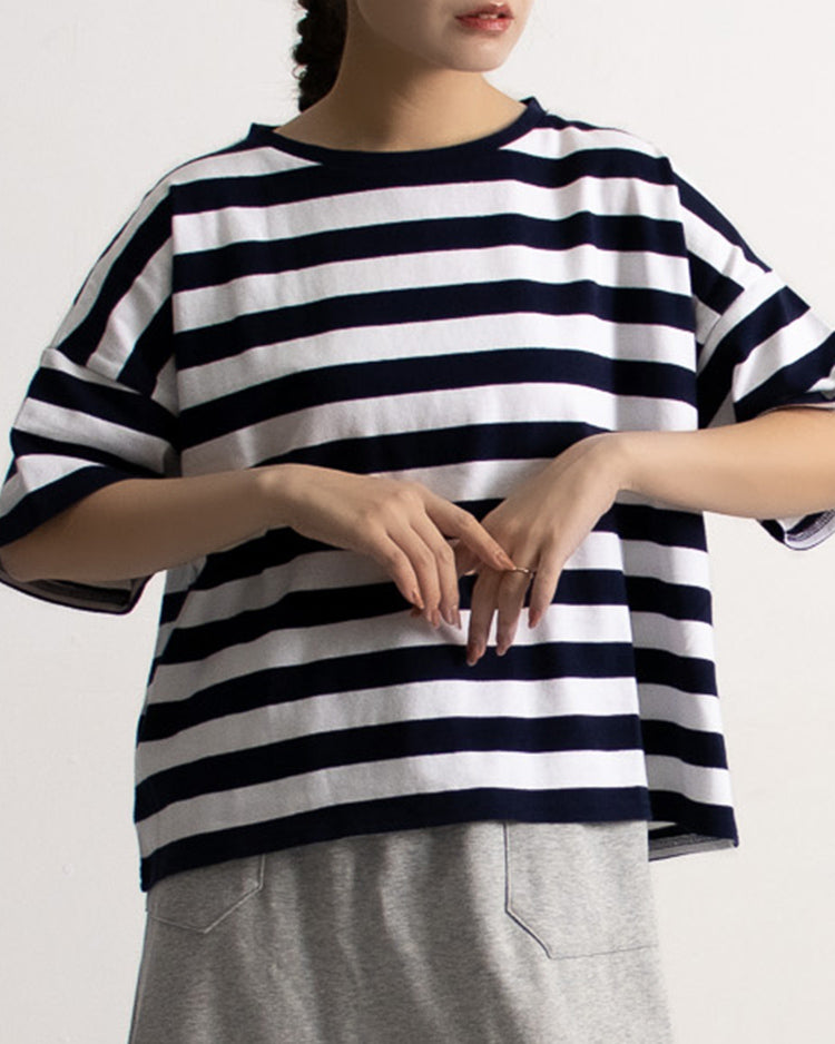 ボーダーTシャツ レディース｜クルーネック ワイド半袖 クロップド 綿100% 大人カジュアル