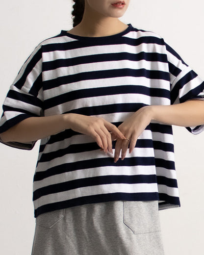 ボーダーTシャツ レディース｜クルーネック ワイド半袖 クロップド 綿100% 大人カジュアル