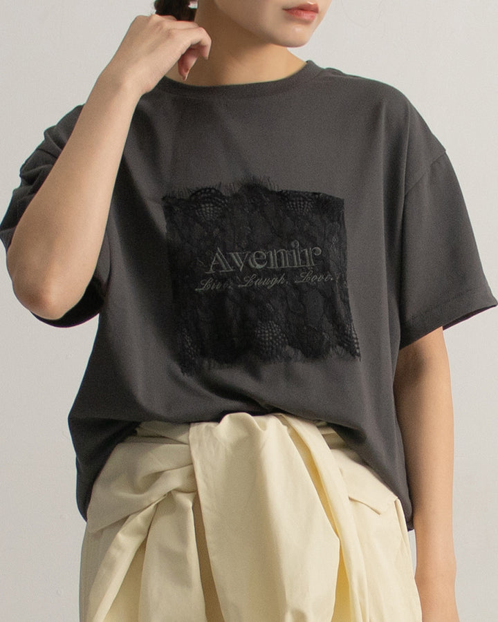 レース刷繋ロゴTシャツ レディース｜接触冷感 半袖 オーバーサイズ 綿混 手洗い可 春夏 大人カジュアル