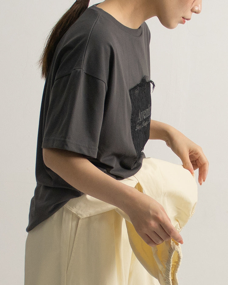 レース刷繋ロゴTシャツ レディース｜接触冷感 半袖 オーバーサイズ 綿混 手洗い可 春夏 大人カジュアル