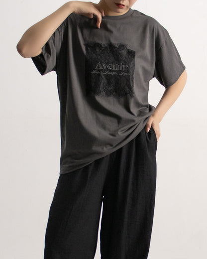 レース刷繋ロゴTシャツ レディース｜接触冷感 半袖 オーバーサイズ 綿混 手洗い可 春夏 大人カジュアル