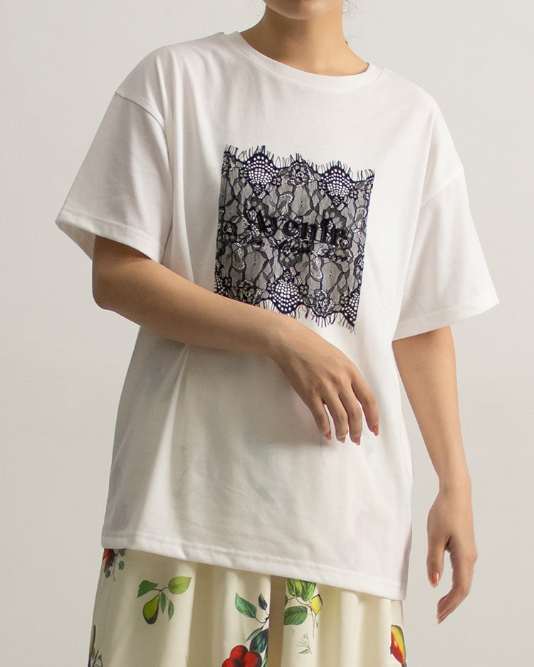レース刷繋ロゴTシャツ レディース｜接触冷感 半袖 オーバーサイズ 綿混 手洗い可 春夏 大人カジュアル