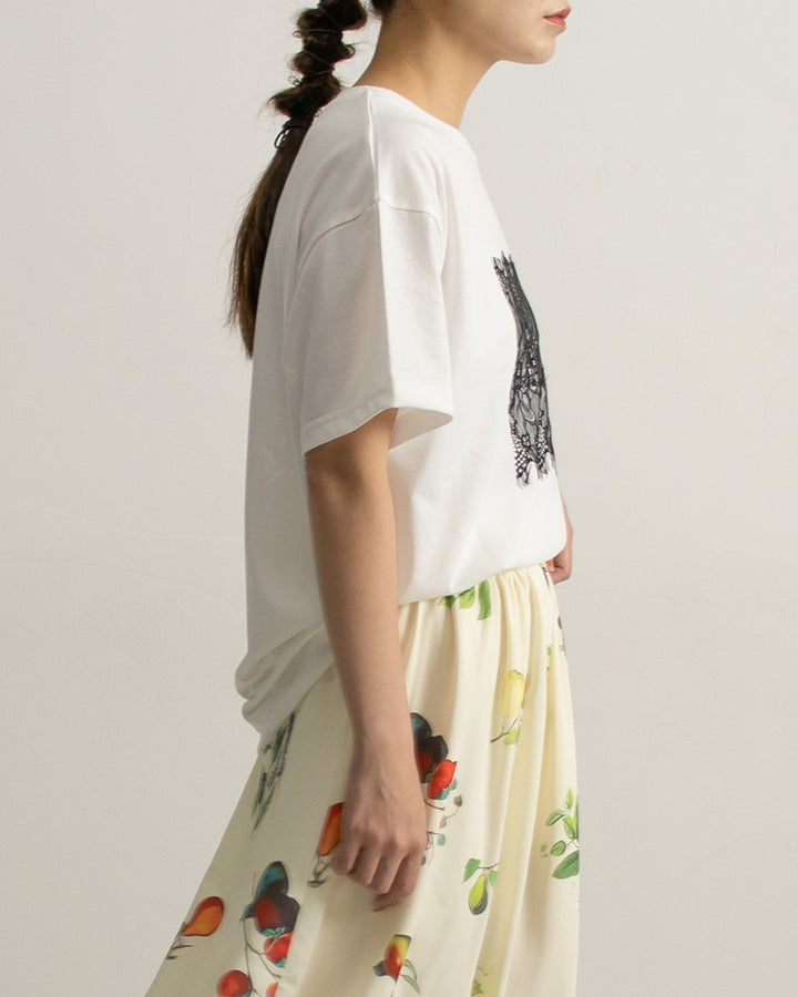 レース刷繋ロゴTシャツ レディース｜接触冷感 半袖 オーバーサイズ 綿混 手洗い可 春夏 大人カジュアル