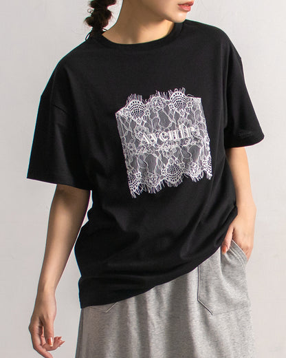 レース刷繋ロゴTシャツ レディース｜接触冷感 半袖 オーバーサイズ 綿混 手洗い可 春夏 大人カジュアル