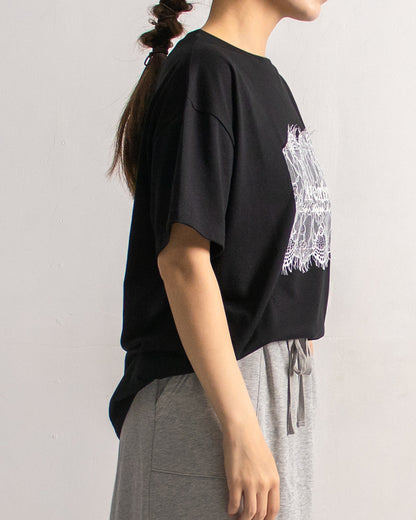 レース刷繋ロゴTシャツ レディース｜接触冷感 半袖 オーバーサイズ 綿混 手洗い可 春夏 大人カジュアル