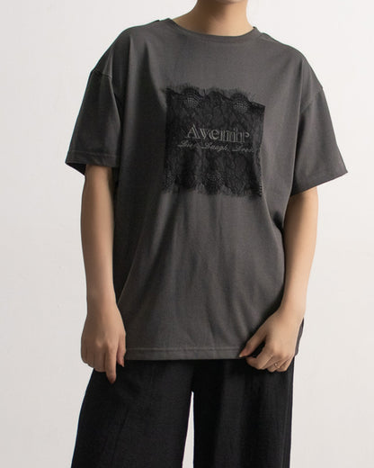 レース刷繋ロゴTシャツ レディース｜接触冷感 半袖 オーバーサイズ 綿混 手洗い可 春夏 大人カジュアル