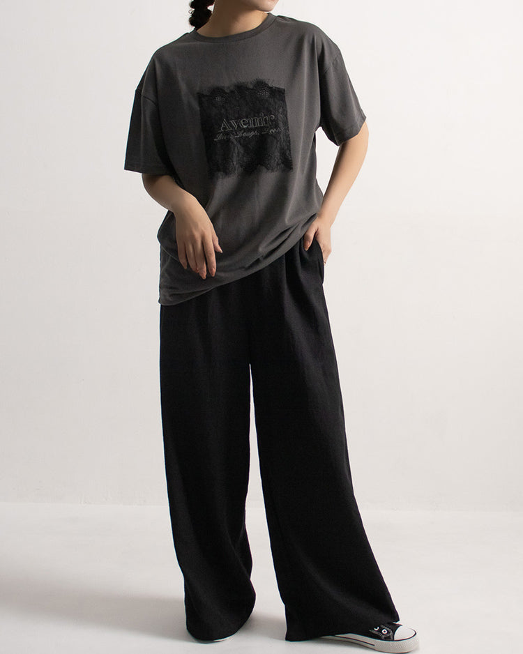 レース刷繋ロゴTシャツ レディース｜接触冷感 半袖 オーバーサイズ 綿混 手洗い可 春夏 大人カジュアル