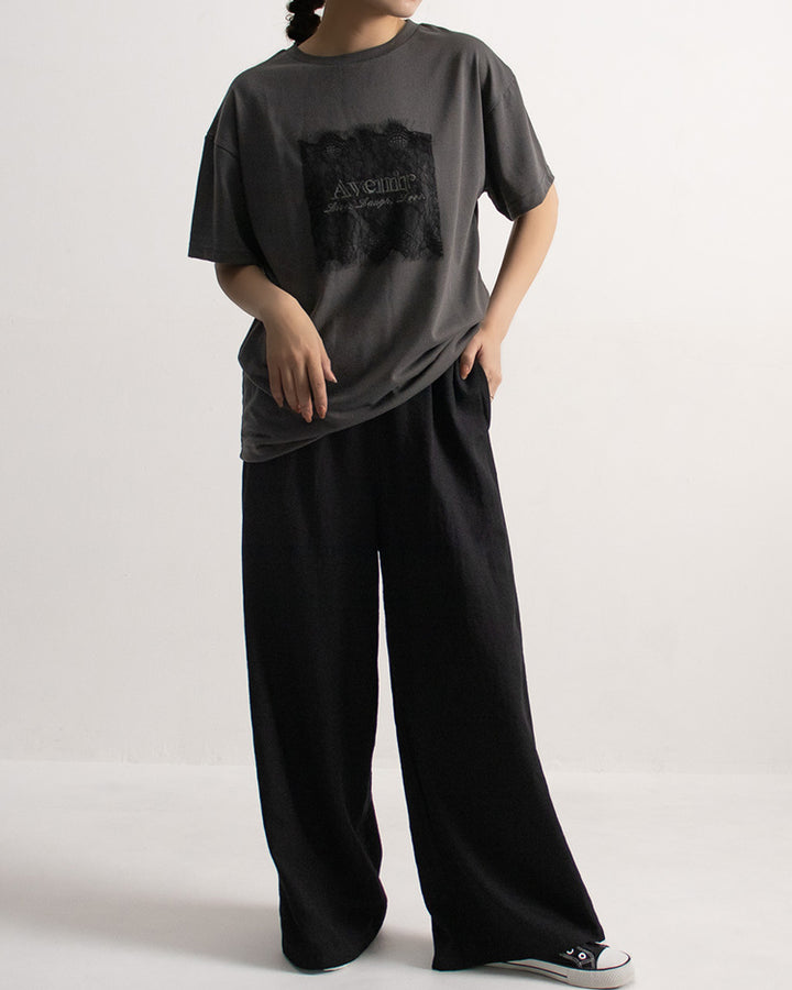 レース刷繋ロゴTシャツ レディース｜接触冷感 半袖 オーバーサイズ 綿混 手洗い可 春夏 大人カジュアル