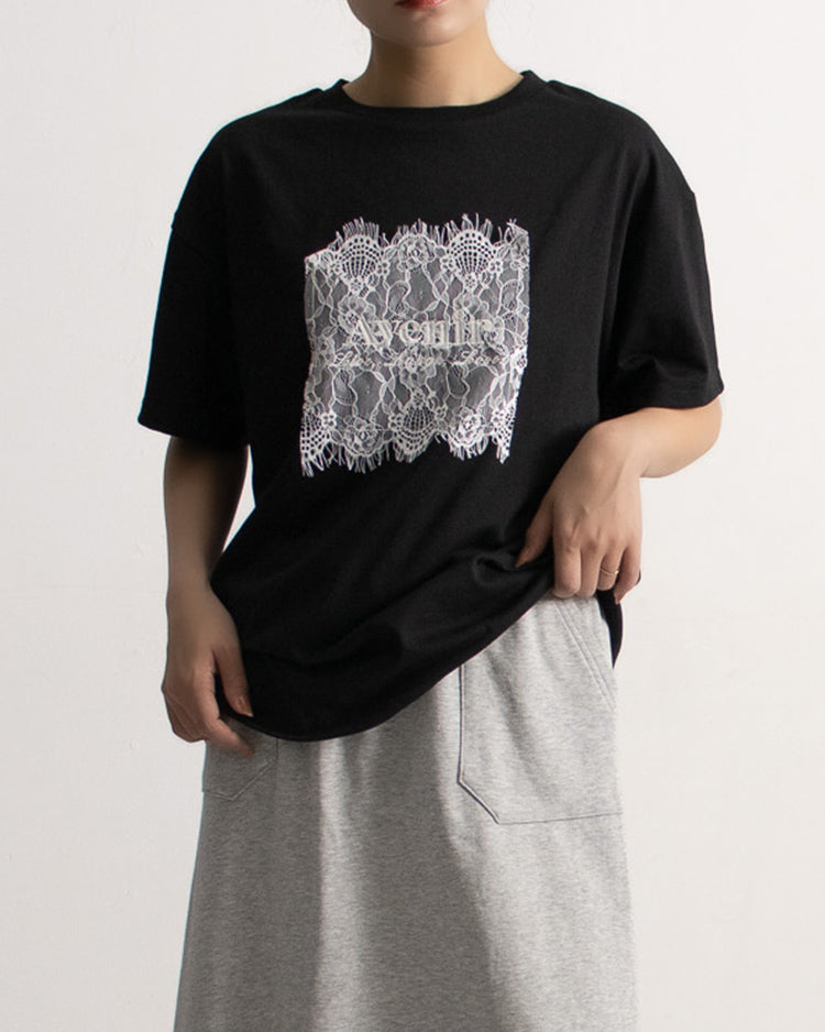レース刷繋ロゴTシャツ レディース｜接触冷感 半袖 オーバーサイズ 綿混 手洗い可 春夏 大人カジュアル