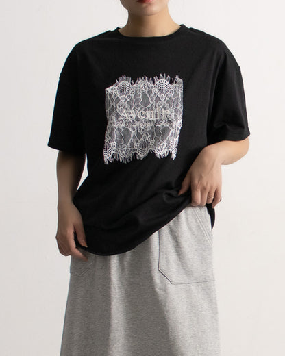 レース刷繋ロゴTシャツ レディース｜接触冷感 半袖 オーバーサイズ 綿混 手洗い可 春夏 大人カジュアル