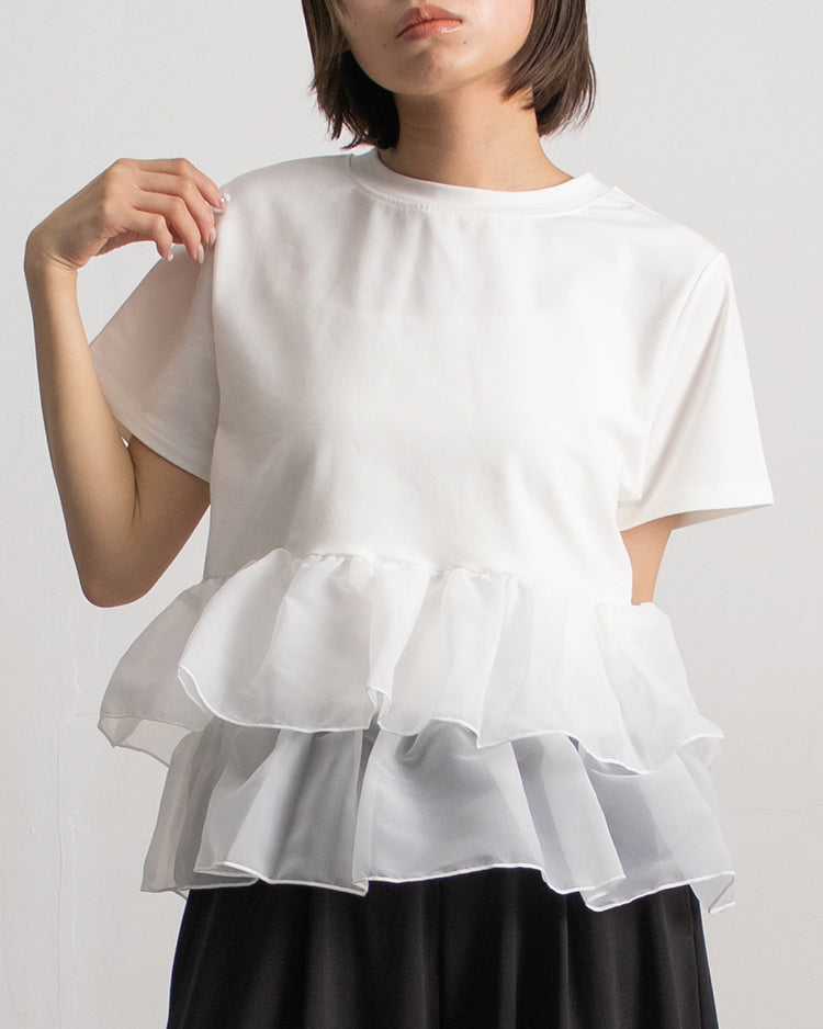 天竺オーガンジーフリルTシャツ ホワイト