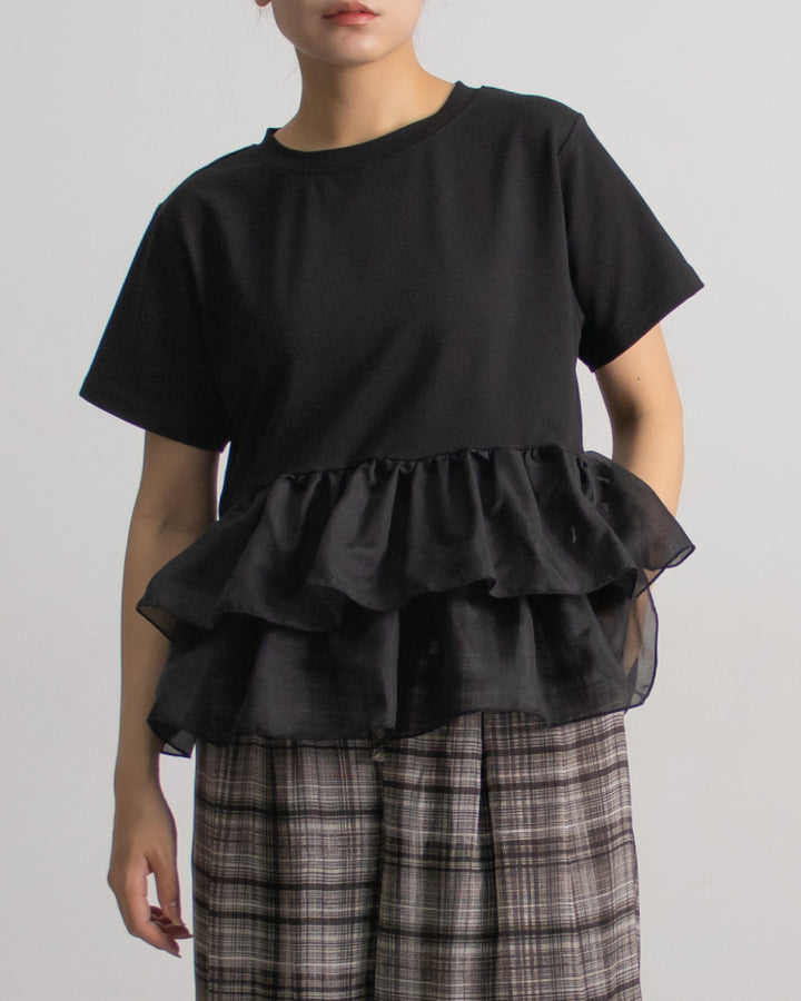 天竺オーガンジーフリルTシャツ ブラック