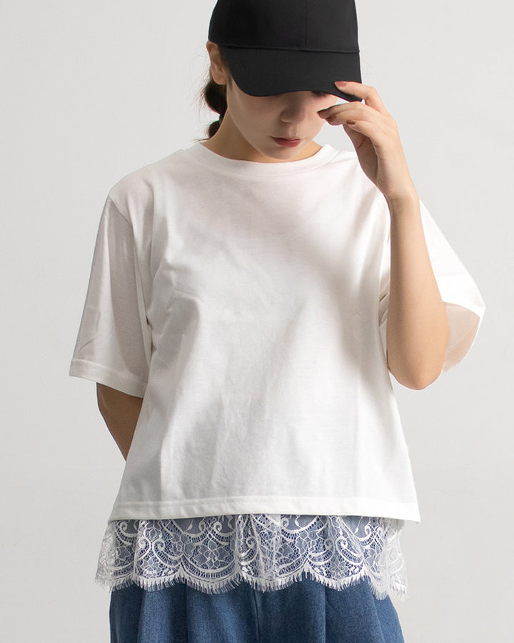 接触冷感レイヤードTシャツ レディース｜レース付き 3way 半袖 オーバーサイズ 体型カバー 春夏 大人カジュアル