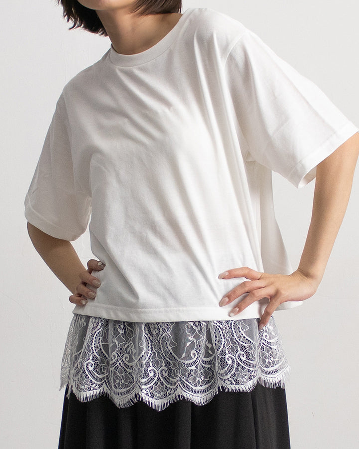 接触冷感レイヤードTシャツ レディース｜レース付き 3way 半袖 オーバーサイズ 体型カバー 春夏 大人カジュアル
