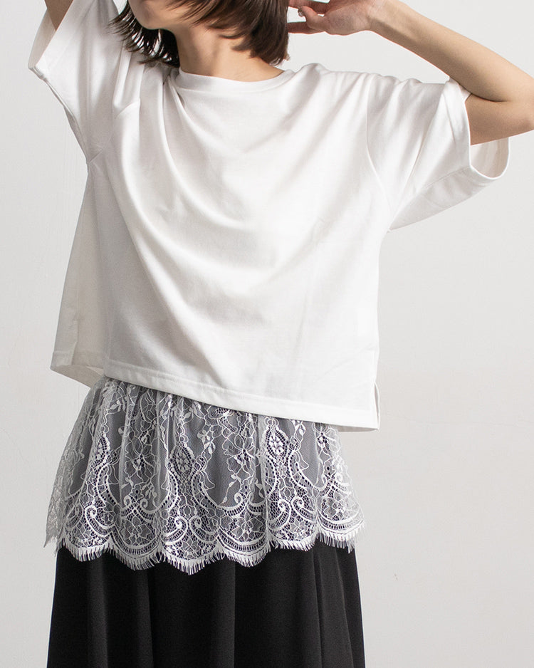 接触冷感レイヤードTシャツ レディース｜レース付き 3way 半袖 オーバーサイズ 体型カバー 春夏 大人カジュアル