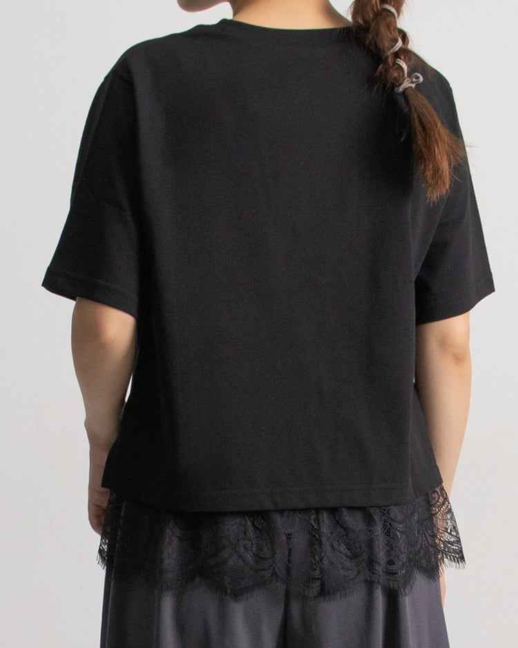 接触冷感レイヤードTシャツ レディース｜レース付き 3way 半袖 オーバーサイズ 体型カバー 春夏 大人カジュアル