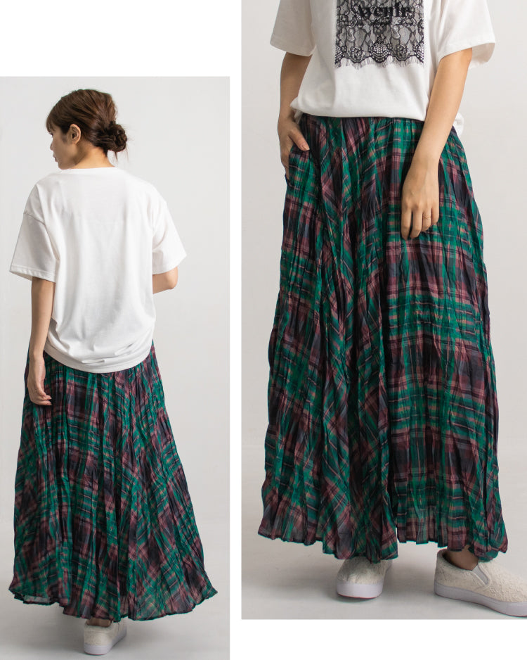 チェックマキシスカート｜変形フレア ワッシャー加工 綿100% 体型カバー【春夏秋】