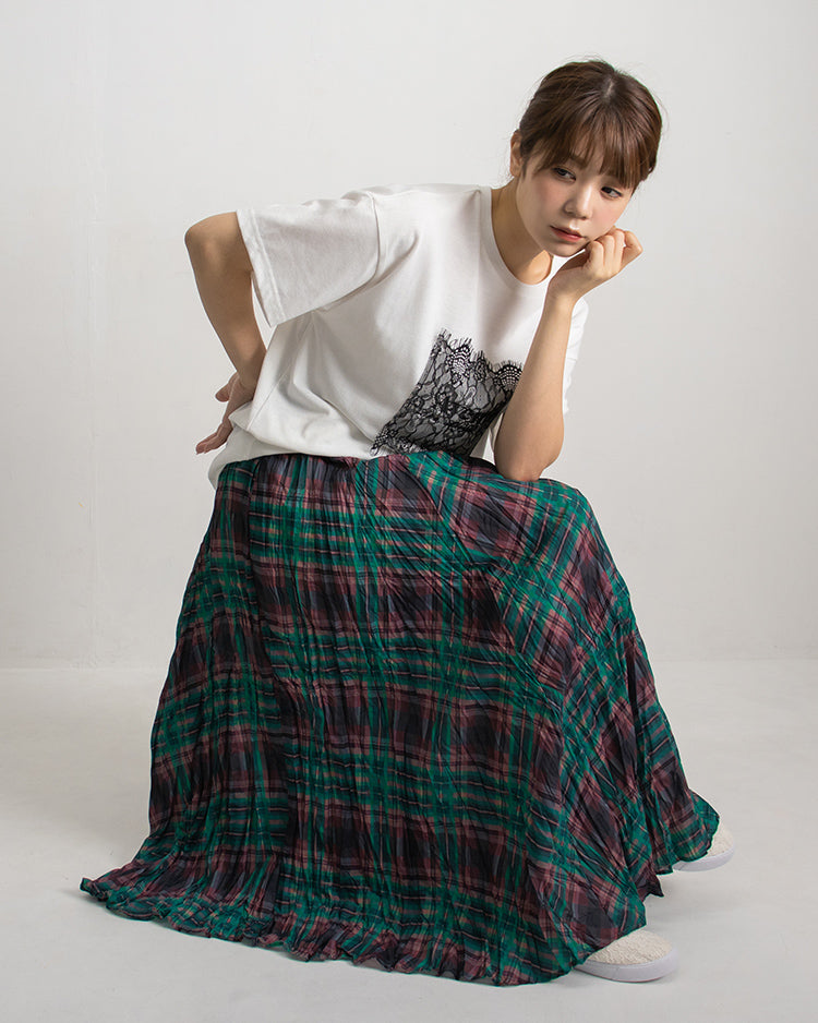 チェックマキシスカート｜変形フレア ワッシャー加工 綿100% 体型カバー【春夏秋】